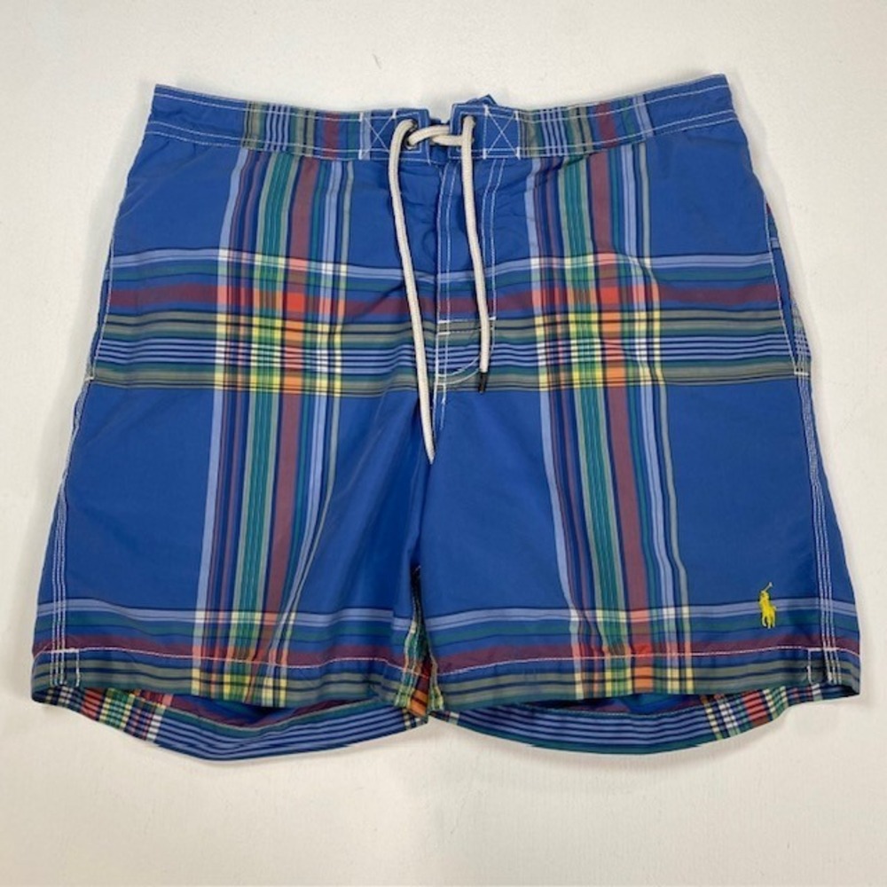 Polo‎ Ralph Lauren Mens Blue Plaid Swim Trunks Yellow Pony Logo Mesh Liner M